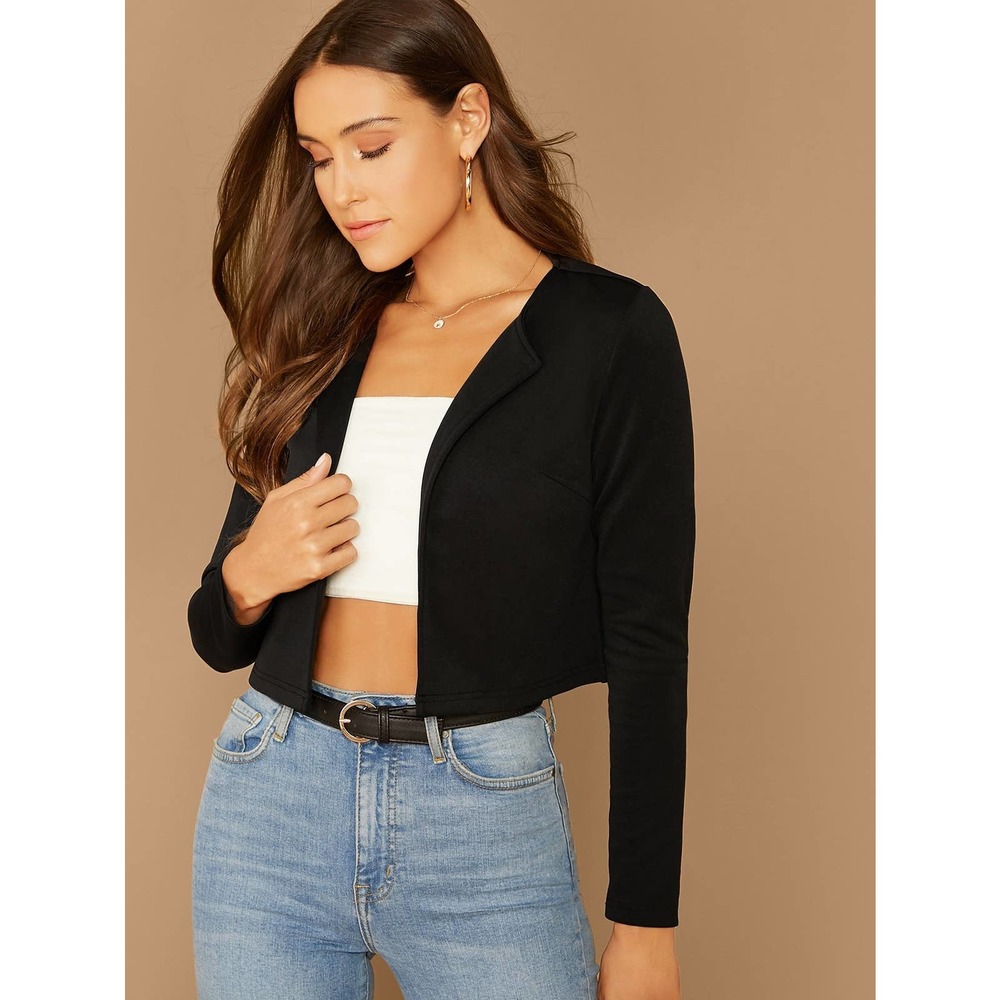 Business casual minimalist white Open Front Solid Crop Blazer - Picture 8 of 8